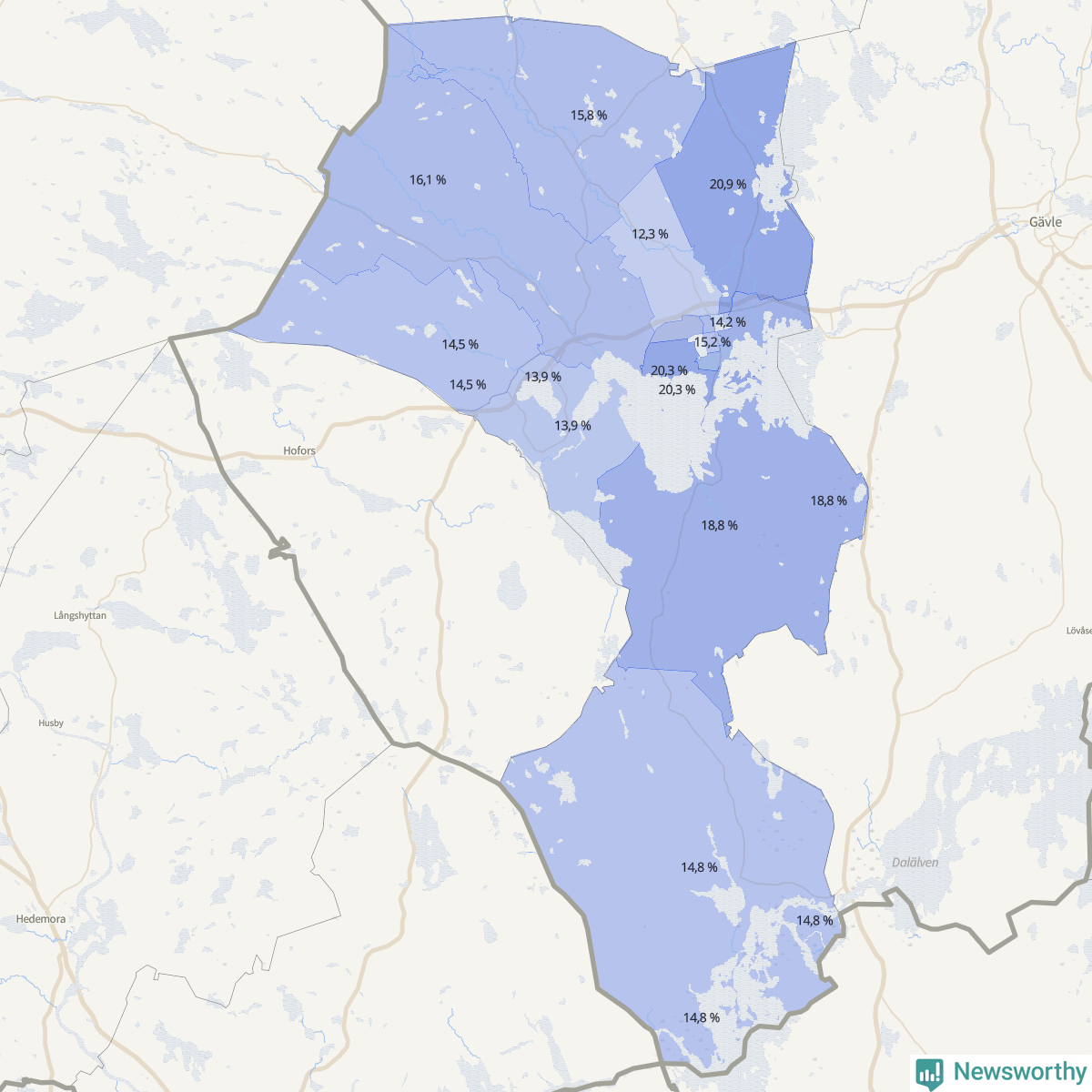 Koroplet-karta över partiets stöd i kommunens valdistrikt. Se tabell.