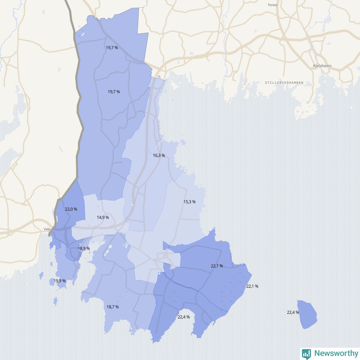 Koroplet-karta över partiets stöd i kommunens valdistrikt. Se tabell.