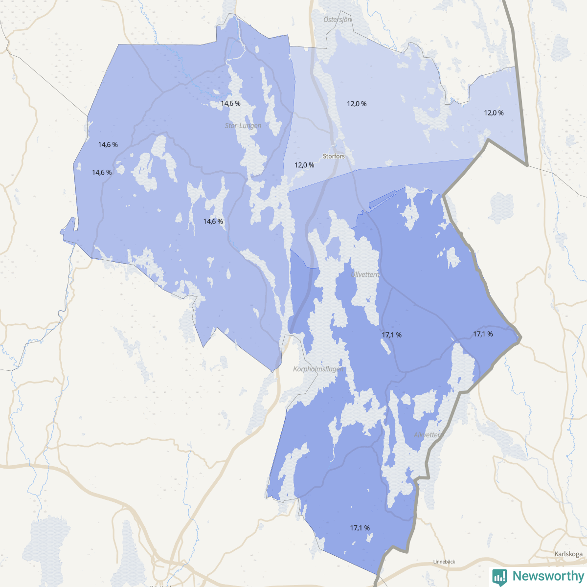 Koroplet-karta över partiets stöd i kommunens valdistrikt. Se tabell.