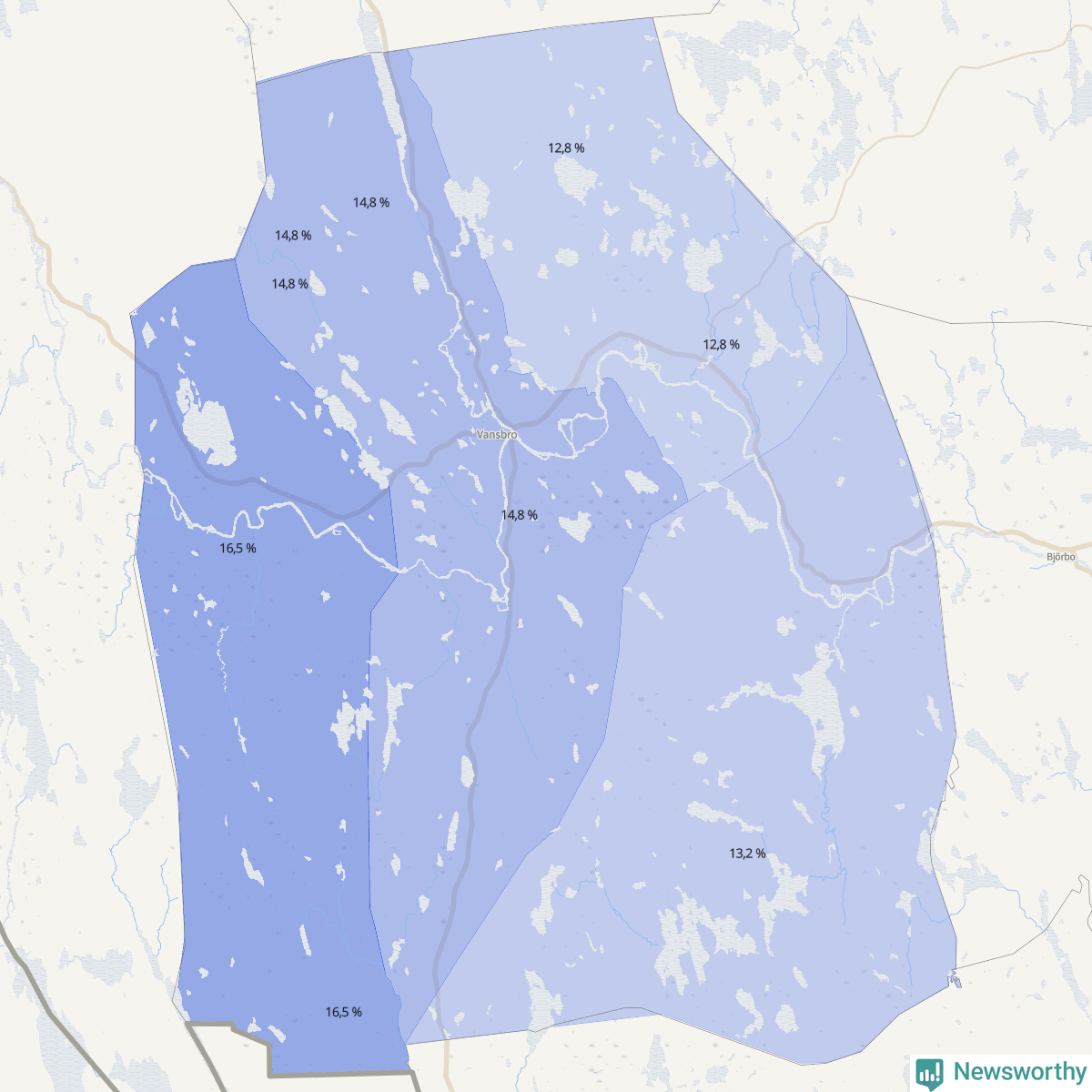 Koroplet-karta över partiets stöd i kommunens valdistrikt. Se tabell.
