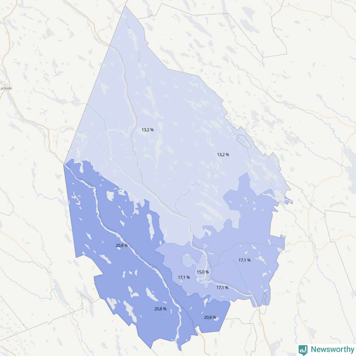 Koroplet-karta över partiets stöd i kommunens valdistrikt. Se tabell.
