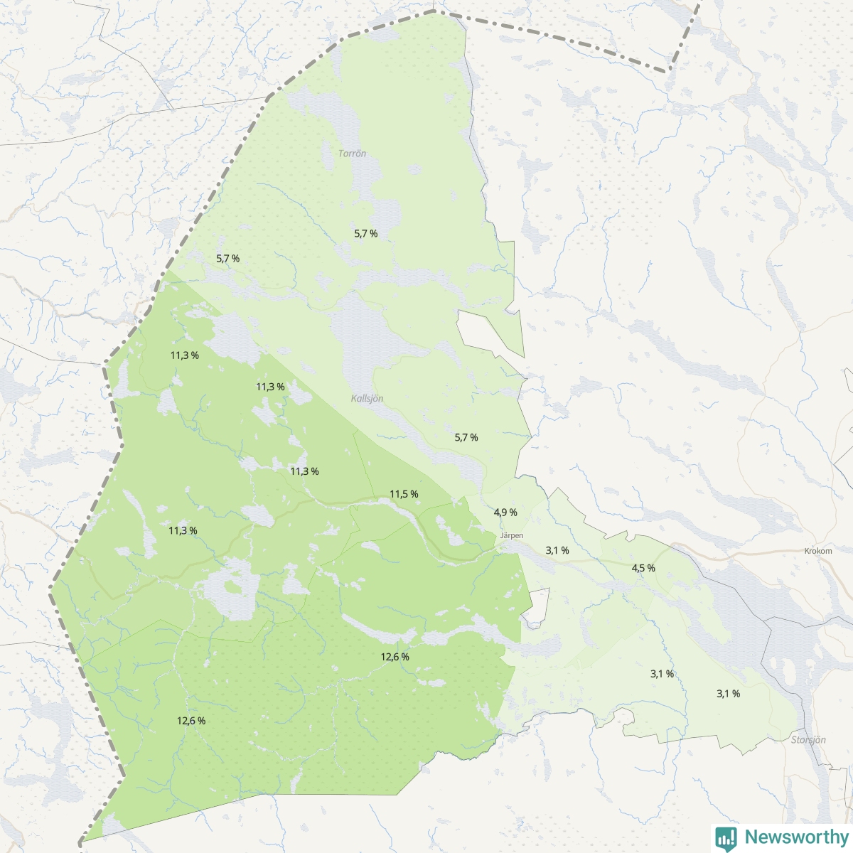 Koroplet-karta över partiets stöd i kommunens valdistrikt. Se tabell.