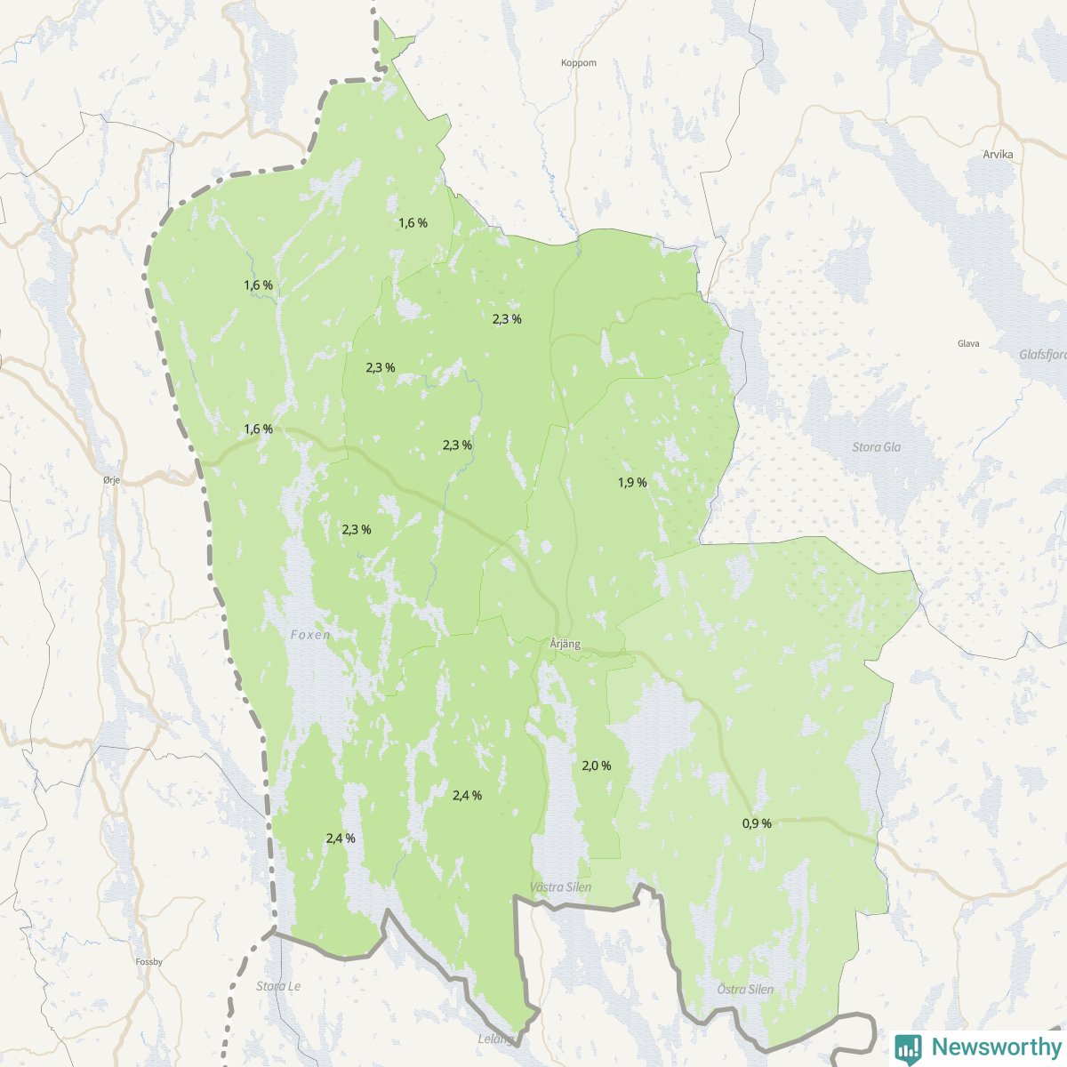 Koroplet-karta över partiets stöd i kommunens valdistrikt. Se tabell.