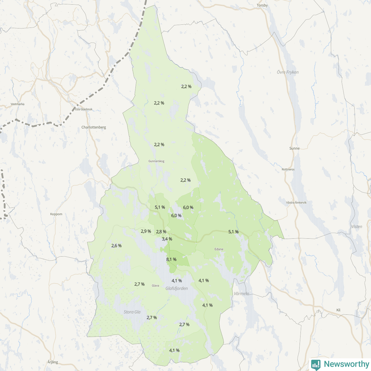 Koroplet-karta över partiets stöd i kommunens valdistrikt. Se tabell.