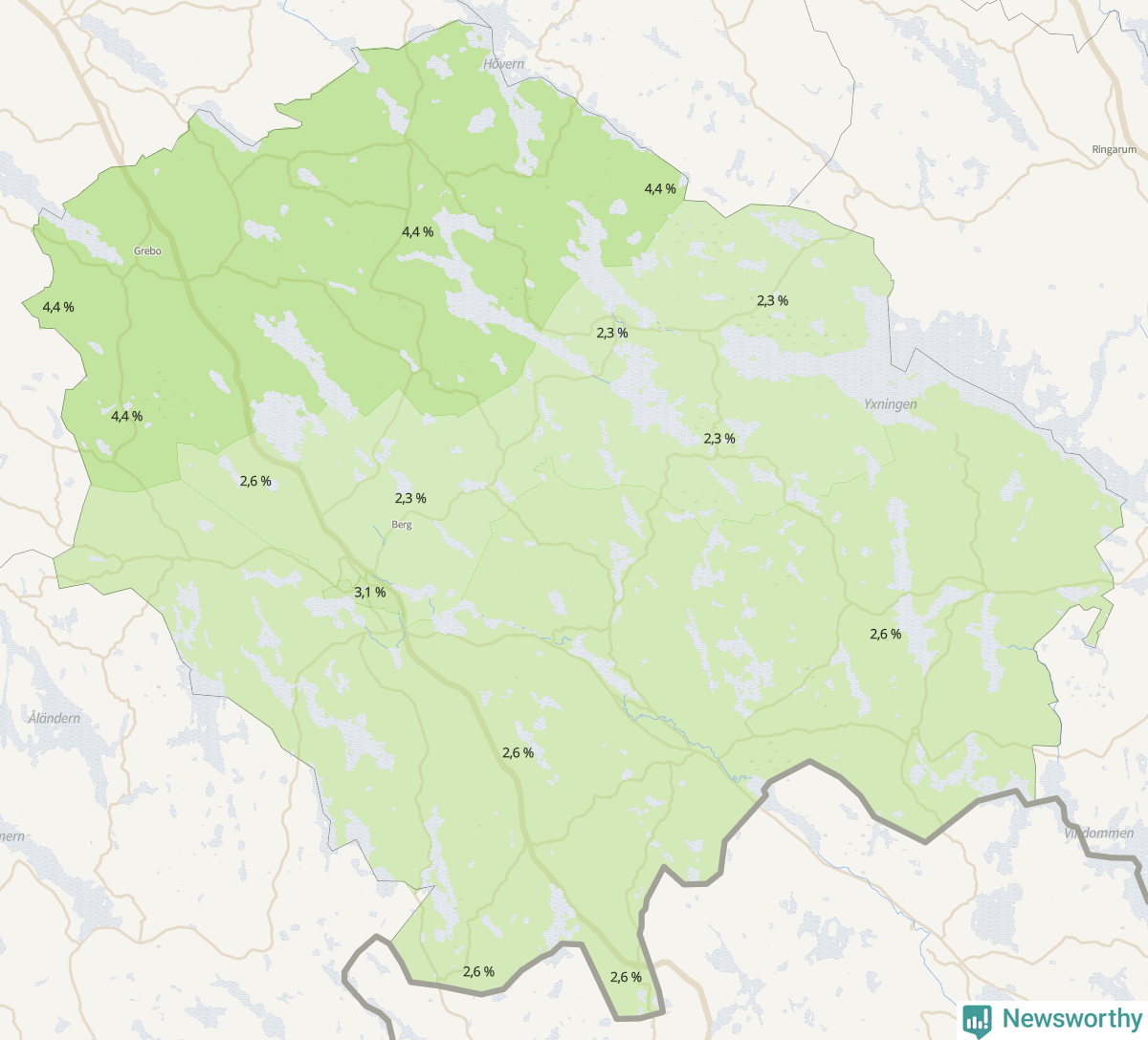 Koroplet-karta över partiets stöd i kommunens valdistrikt. Se tabell.