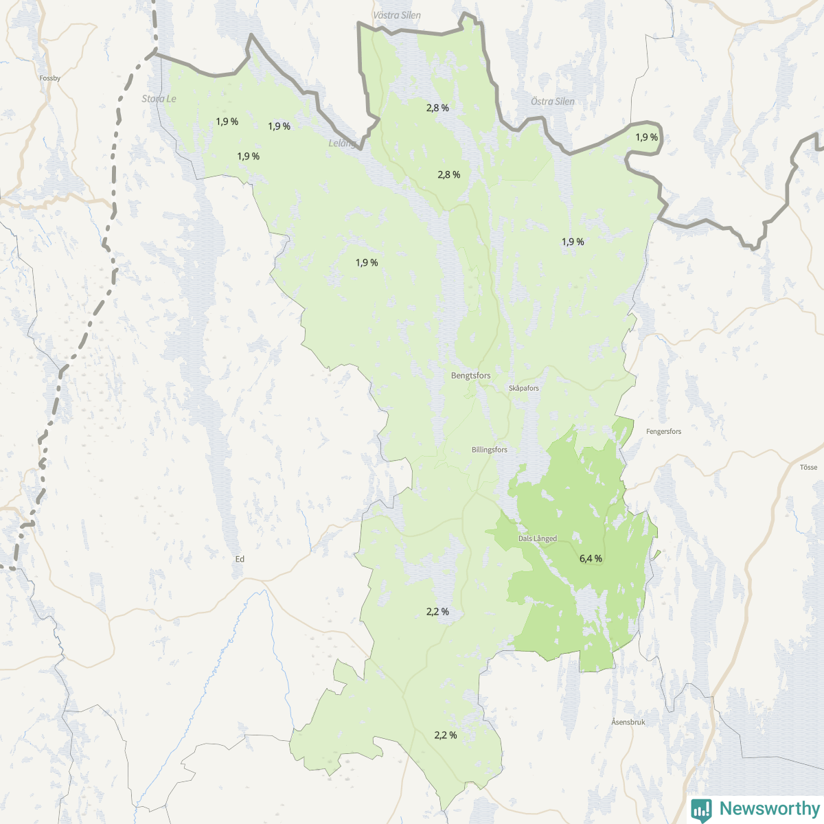 Koroplet-karta över partiets stöd i kommunens valdistrikt. Se tabell.