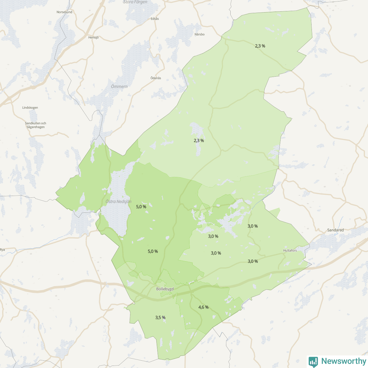 Koroplet-karta över partiets stöd i kommunens valdistrikt. Se tabell.