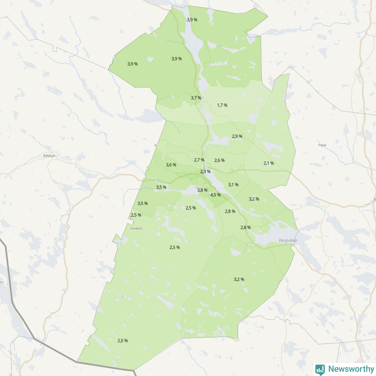 Koroplet-karta över partiets stöd i kommunens valdistrikt. Se tabell.