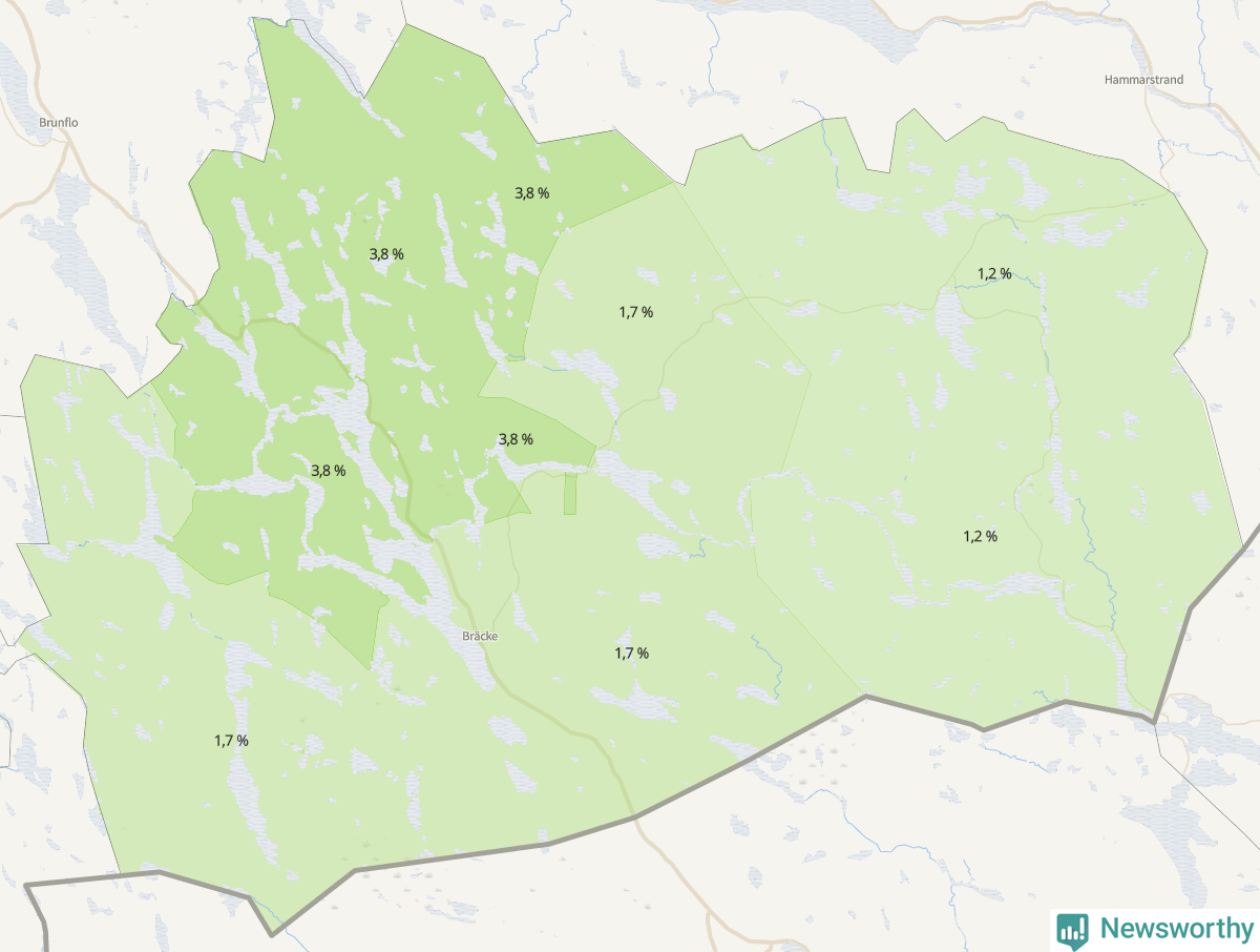 Koroplet-karta över partiets stöd i kommunens valdistrikt. Se tabell.