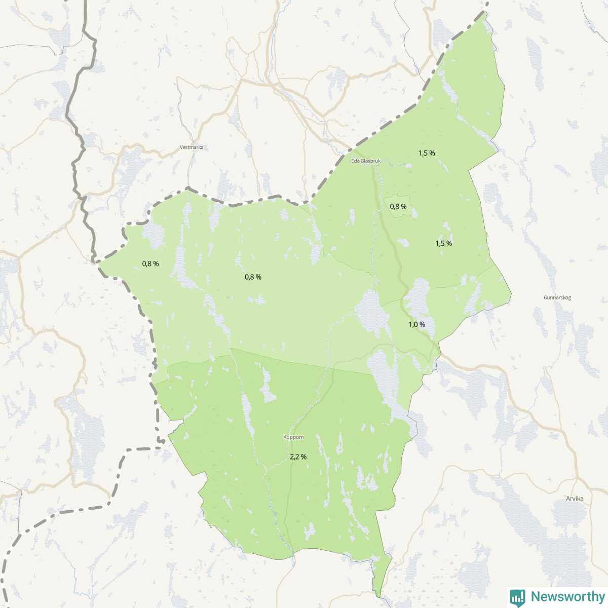 Koroplet-karta över partiets stöd i kommunens valdistrikt. Se tabell.