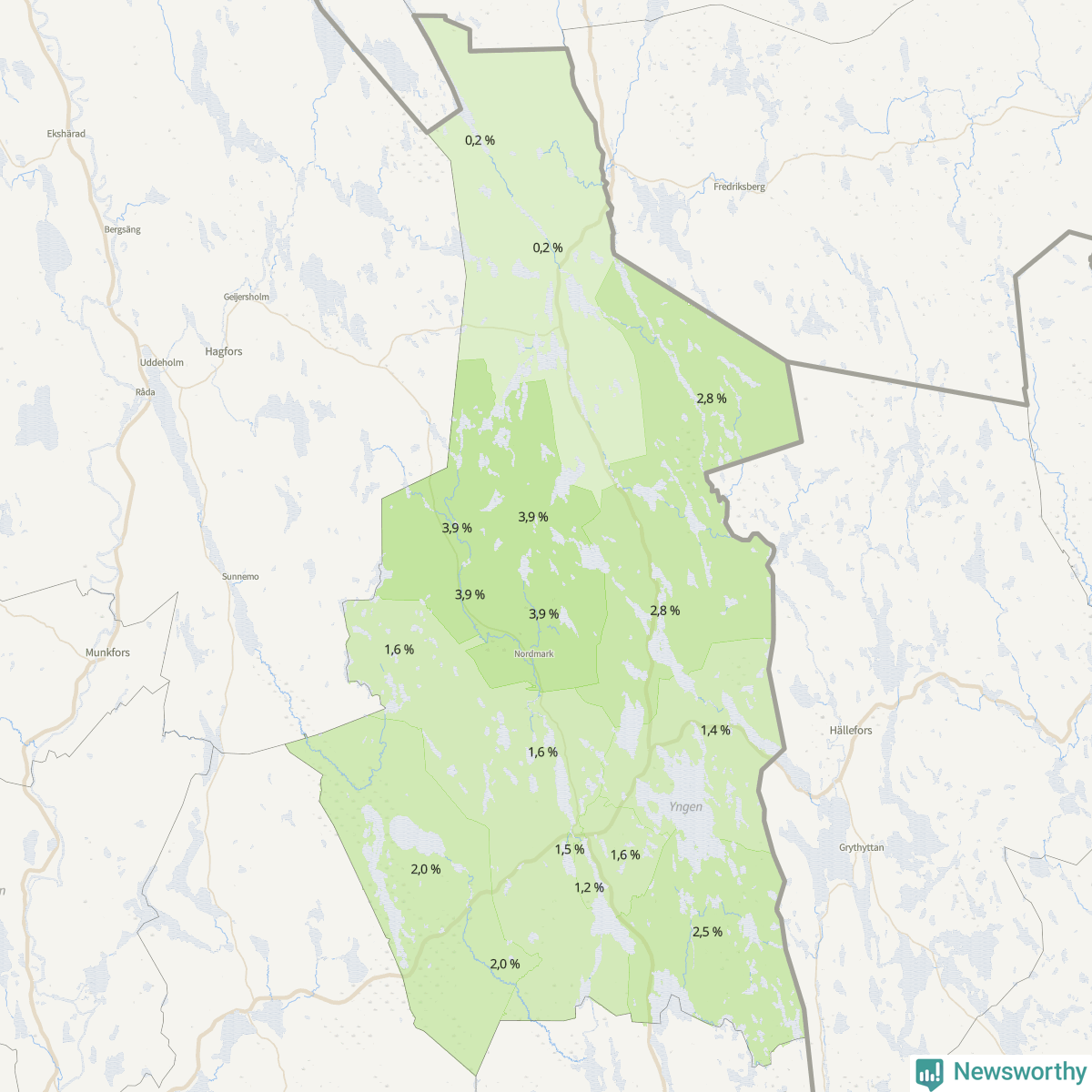 Koroplet-karta över partiets stöd i kommunens valdistrikt. Se tabell.