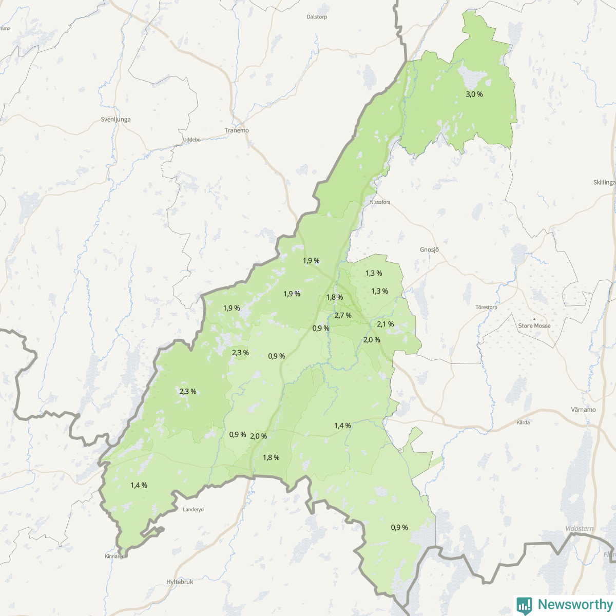 Koroplet-karta över partiets stöd i kommunens valdistrikt. Se tabell.