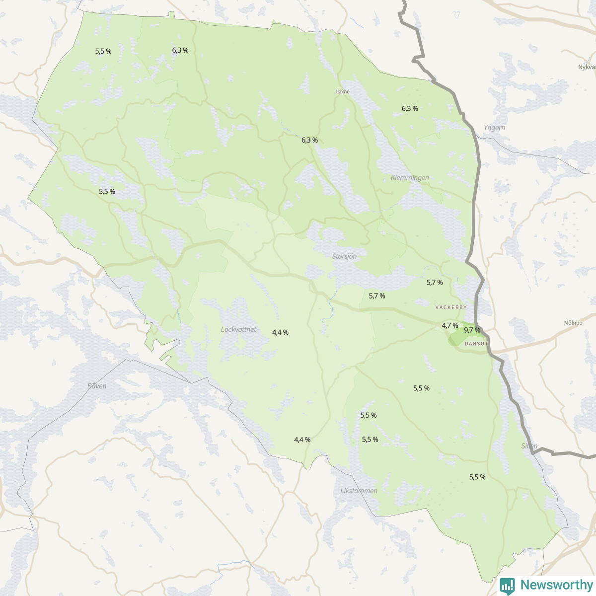Koroplet-karta över partiets stöd i kommunens valdistrikt. Se tabell.