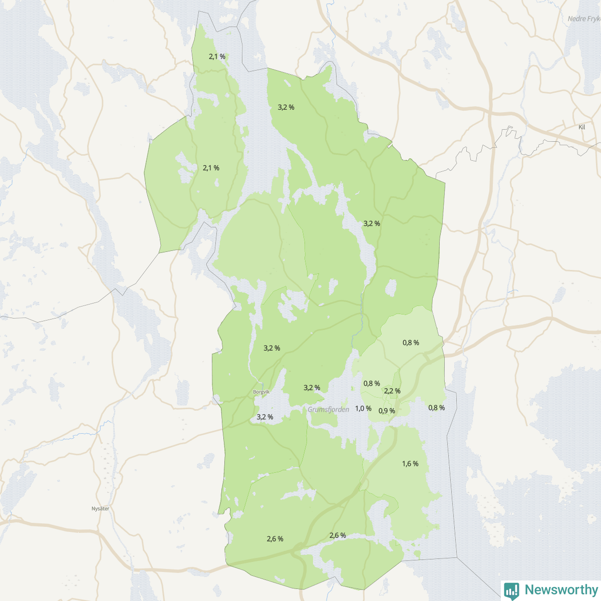 Koroplet-karta över partiets stöd i kommunens valdistrikt. Se tabell.