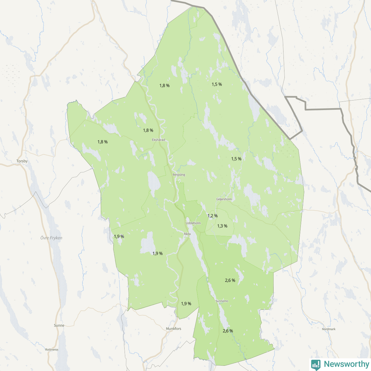 Koroplet-karta över partiets stöd i kommunens valdistrikt. Se tabell.