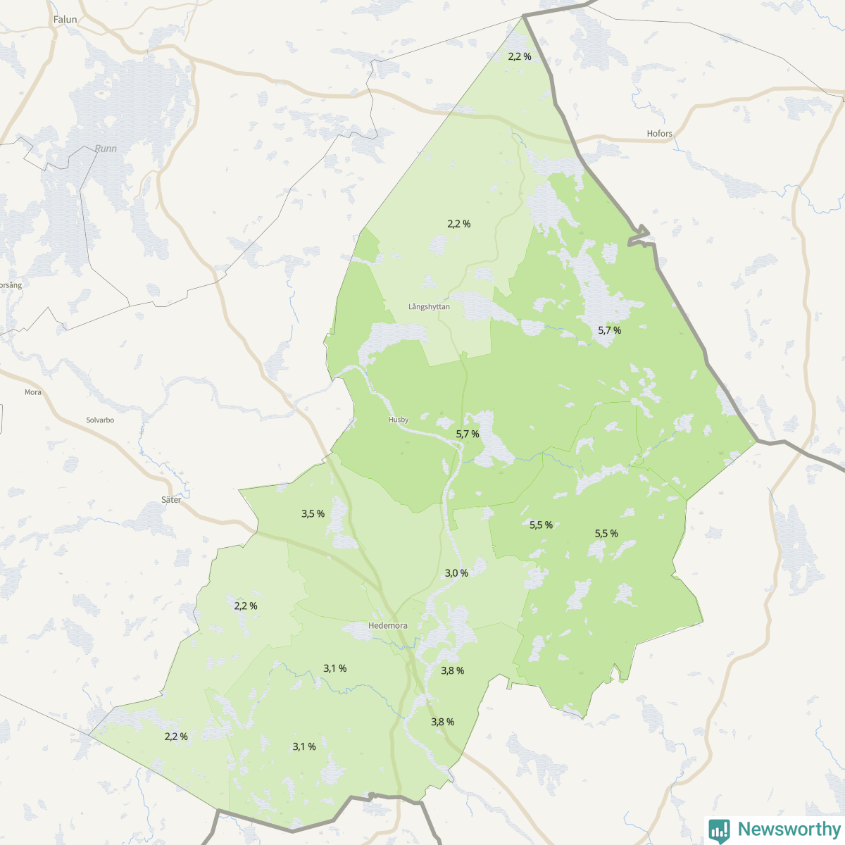 Koroplet-karta över partiets stöd i kommunens valdistrikt. Se tabell.