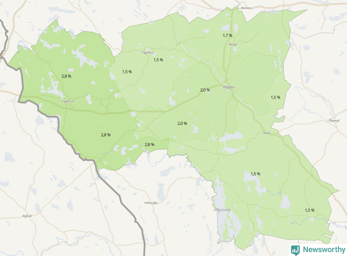 Koroplet-karta över partiets stöd i kommunens valdistrikt. Se tabell.