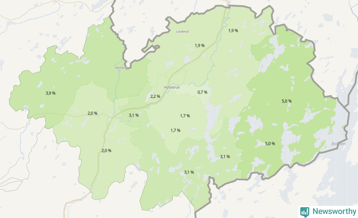 Koroplet-karta över partiets stöd i kommunens valdistrikt. Se tabell.