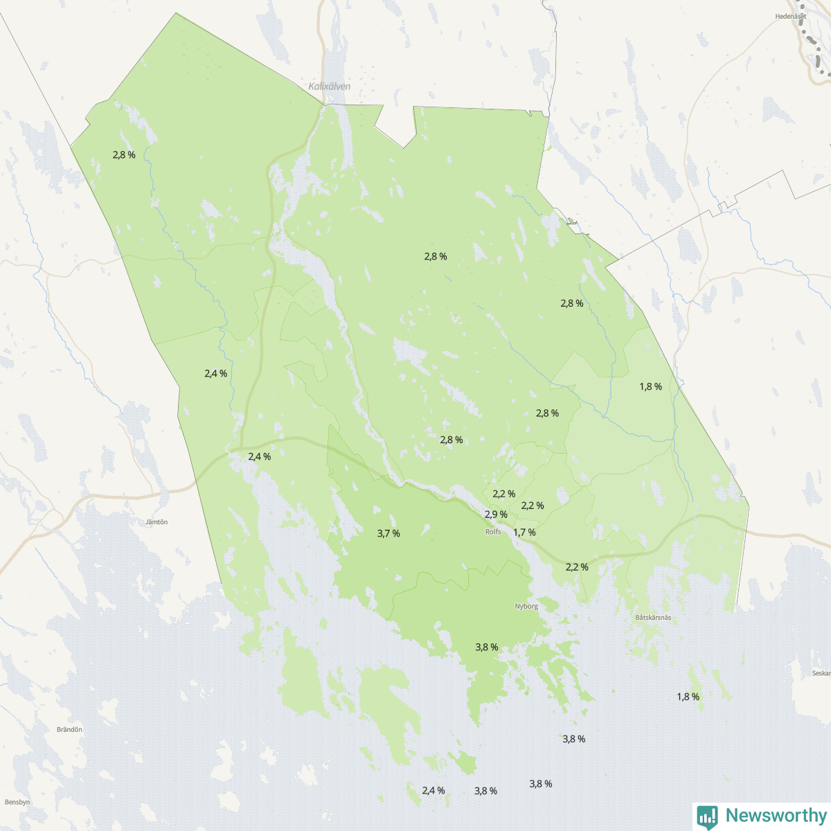 Koroplet-karta över partiets stöd i kommunens valdistrikt. Se tabell.