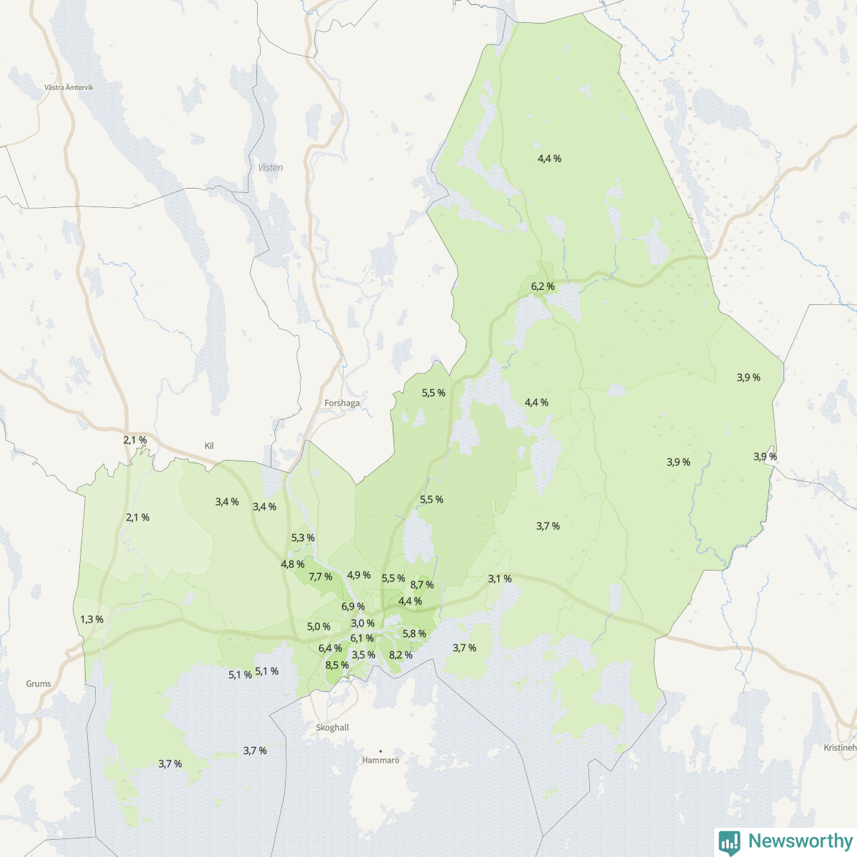 Koroplet-karta över partiets stöd i kommunens valdistrikt. Se tabell.