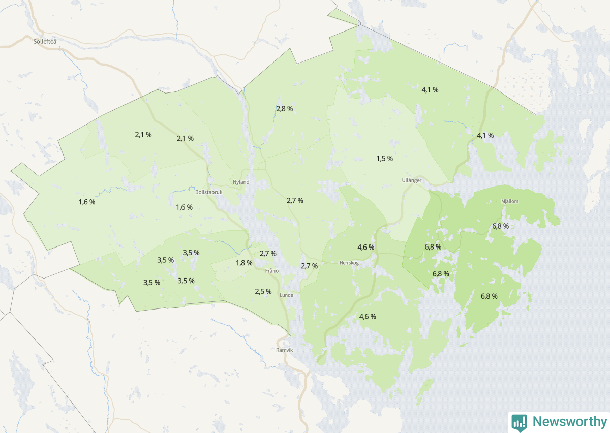 Koroplet-karta över partiets stöd i kommunens valdistrikt. Se tabell.