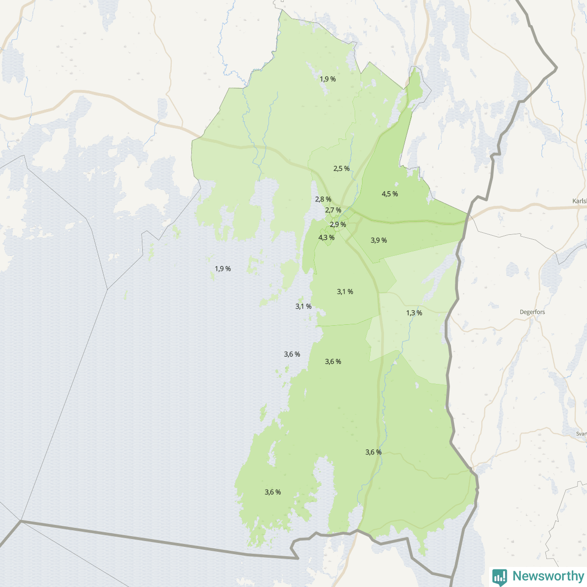 Koroplet-karta över partiets stöd i kommunens valdistrikt. Se tabell.