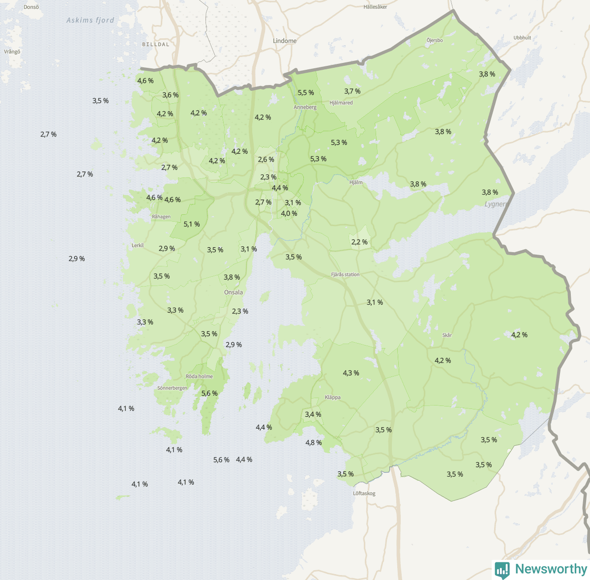Koroplet-karta över partiets stöd i kommunens valdistrikt. Se tabell.