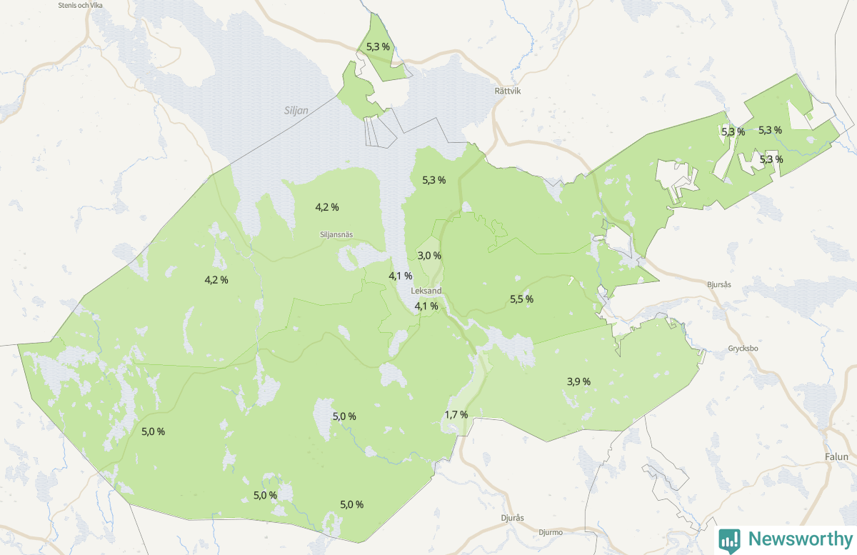 Koroplet-karta över partiets stöd i kommunens valdistrikt. Se tabell.