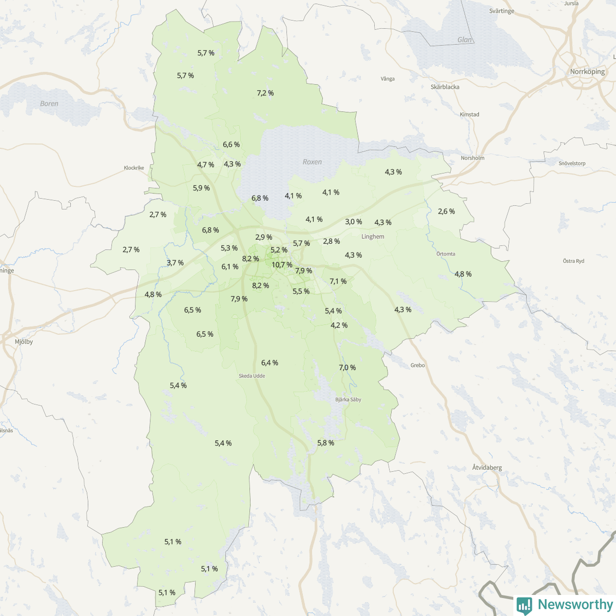 Koroplet-karta över partiets stöd i kommunens valdistrikt. Se tabell.