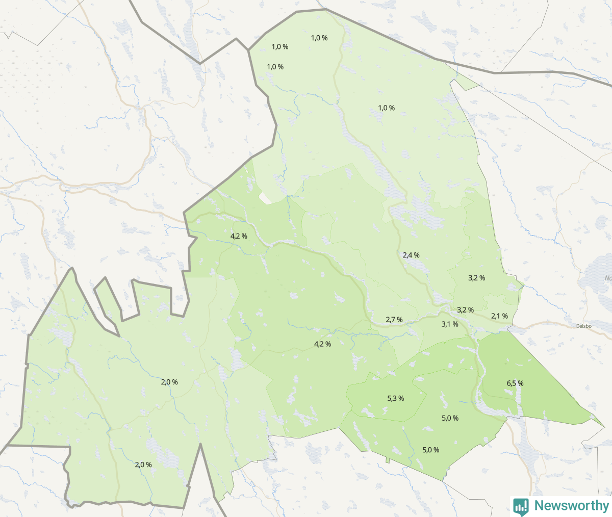 Koroplet-karta över partiets stöd i kommunens valdistrikt. Se tabell.