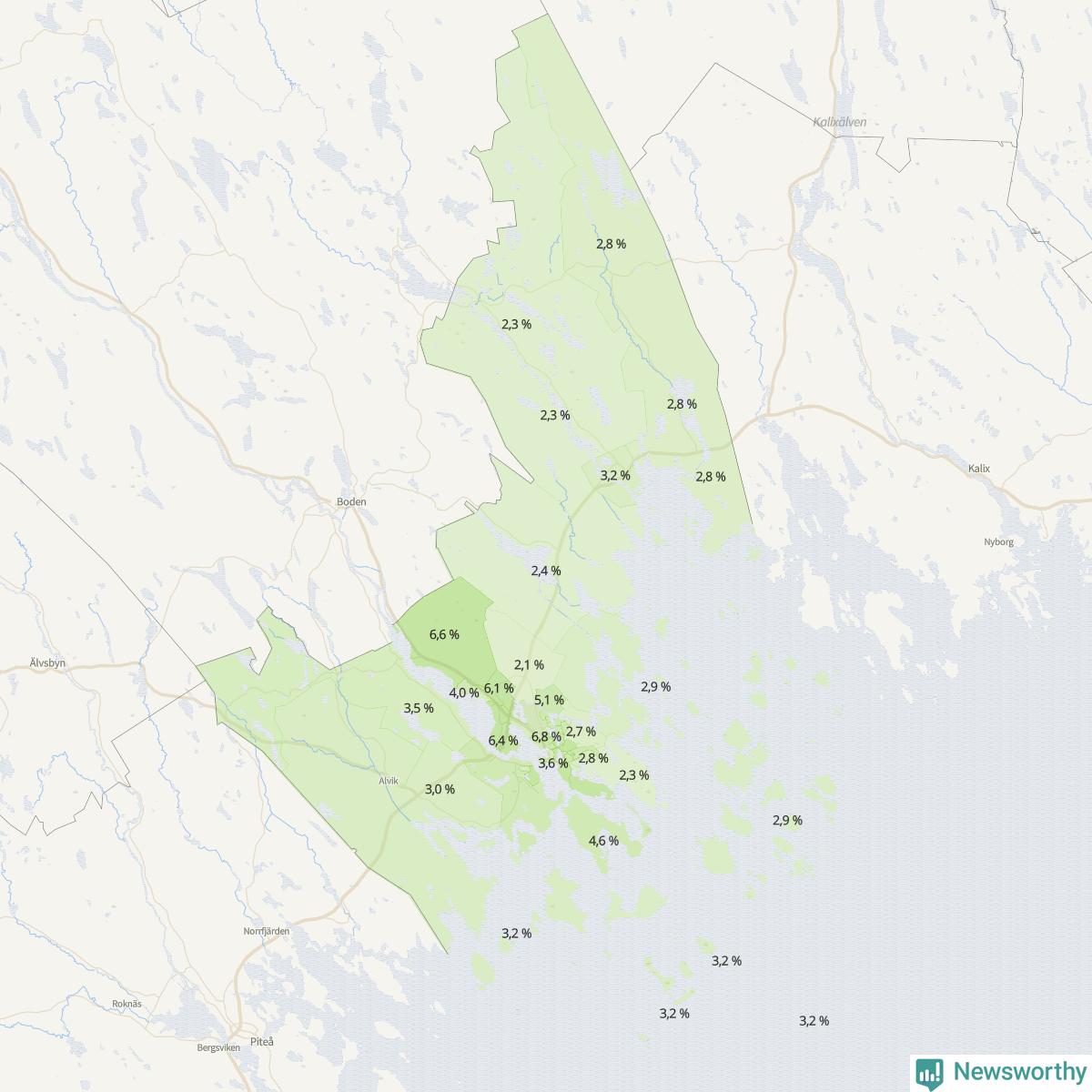 Koroplet-karta över partiets stöd i kommunens valdistrikt. Se tabell.