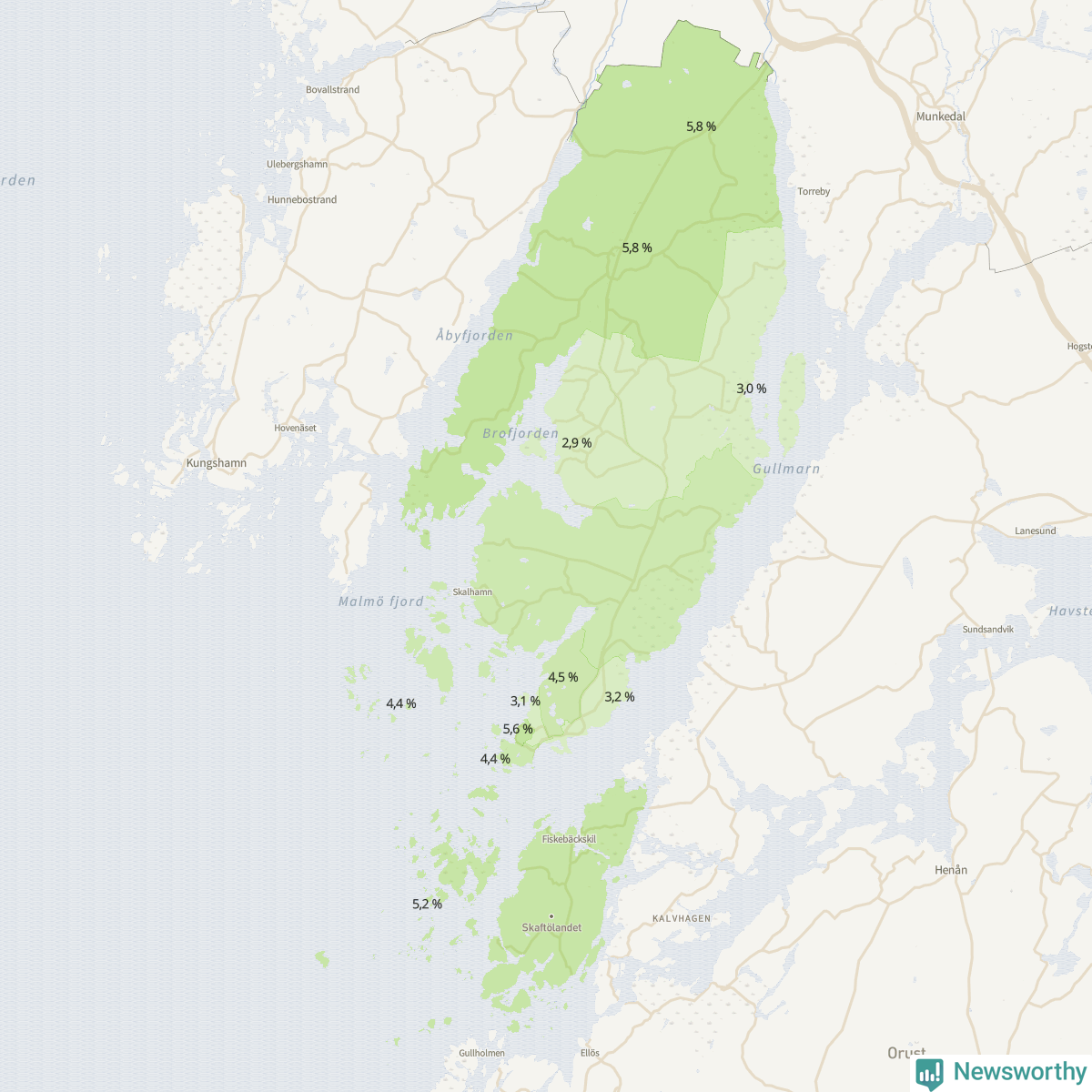 Koroplet-karta över partiets stöd i kommunens valdistrikt. Se tabell.
