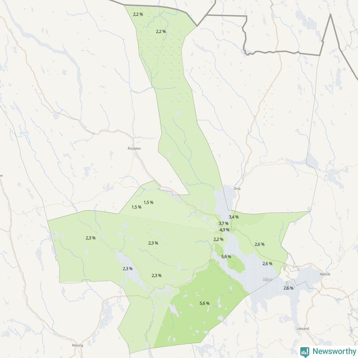 Koroplet-karta över partiets stöd i kommunens valdistrikt. Se tabell.