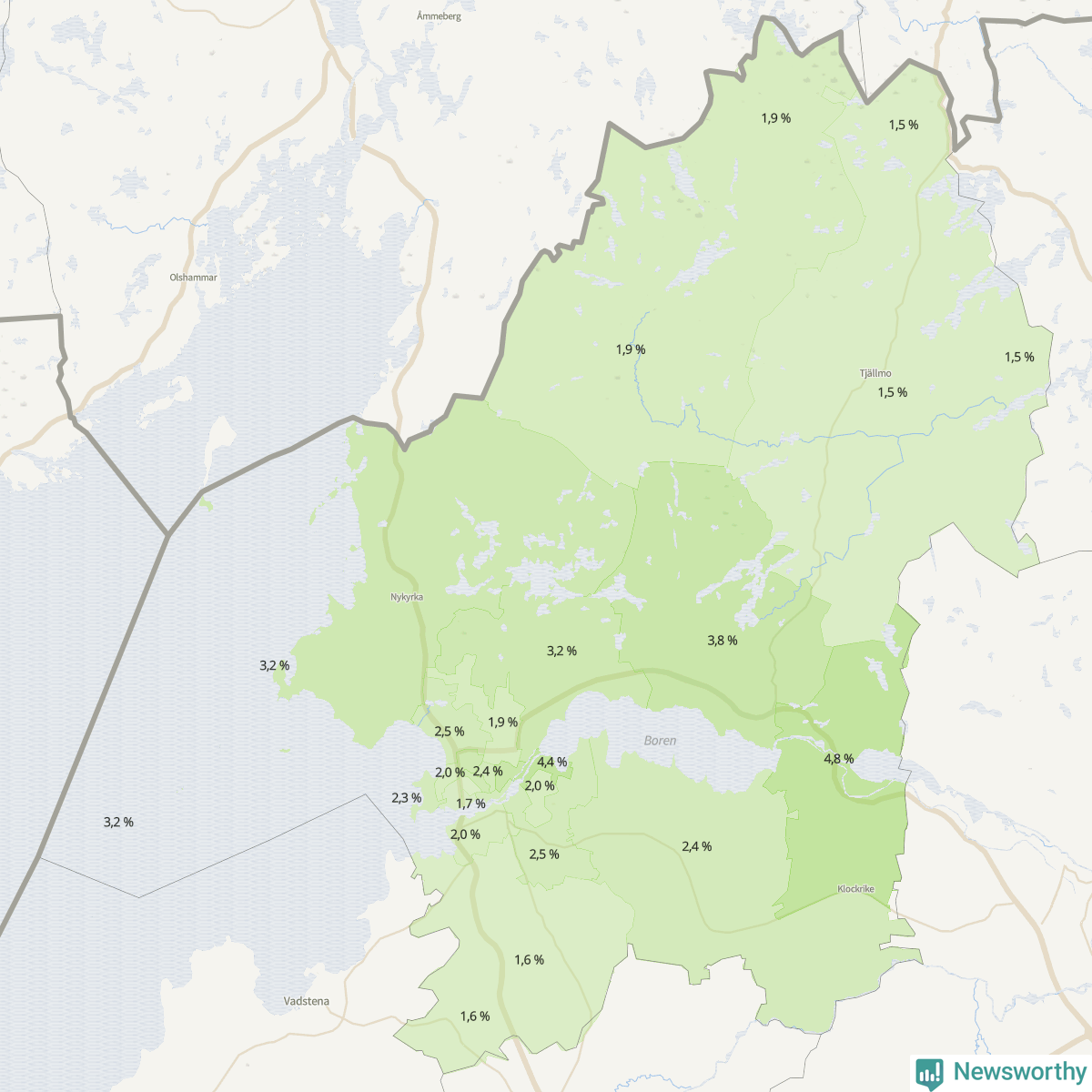 Koroplet-karta över partiets stöd i kommunens valdistrikt. Se tabell.