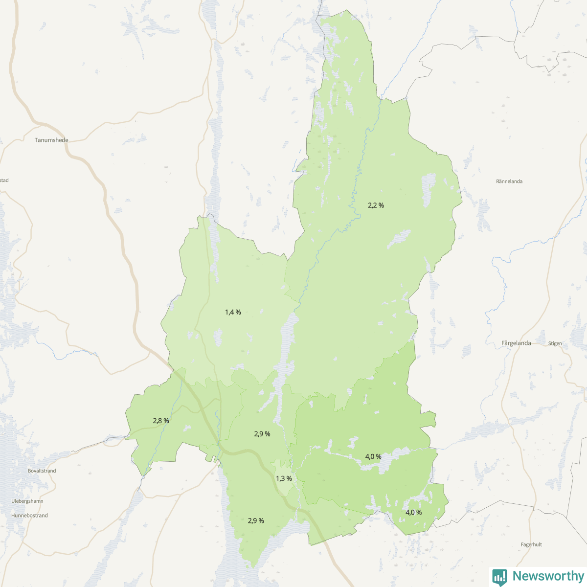 Koroplet-karta över partiets stöd i kommunens valdistrikt. Se tabell.