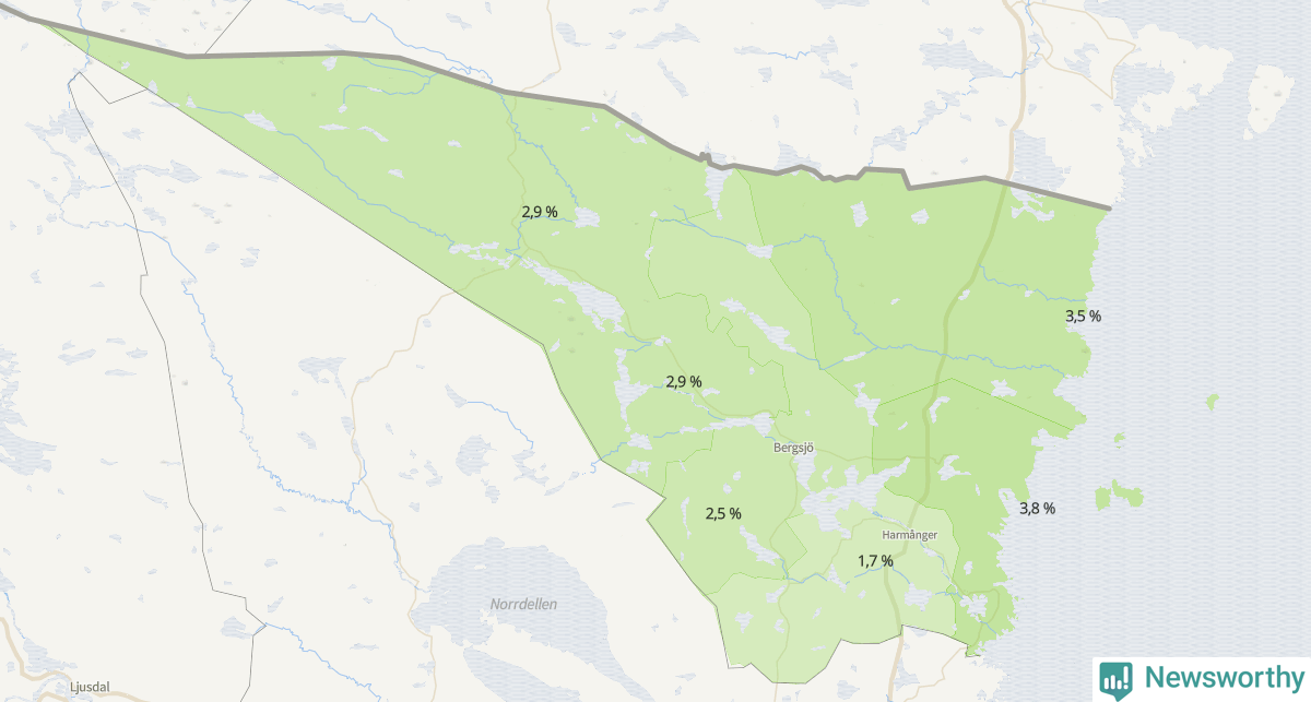 Koroplet-karta över partiets stöd i kommunens valdistrikt. Se tabell.