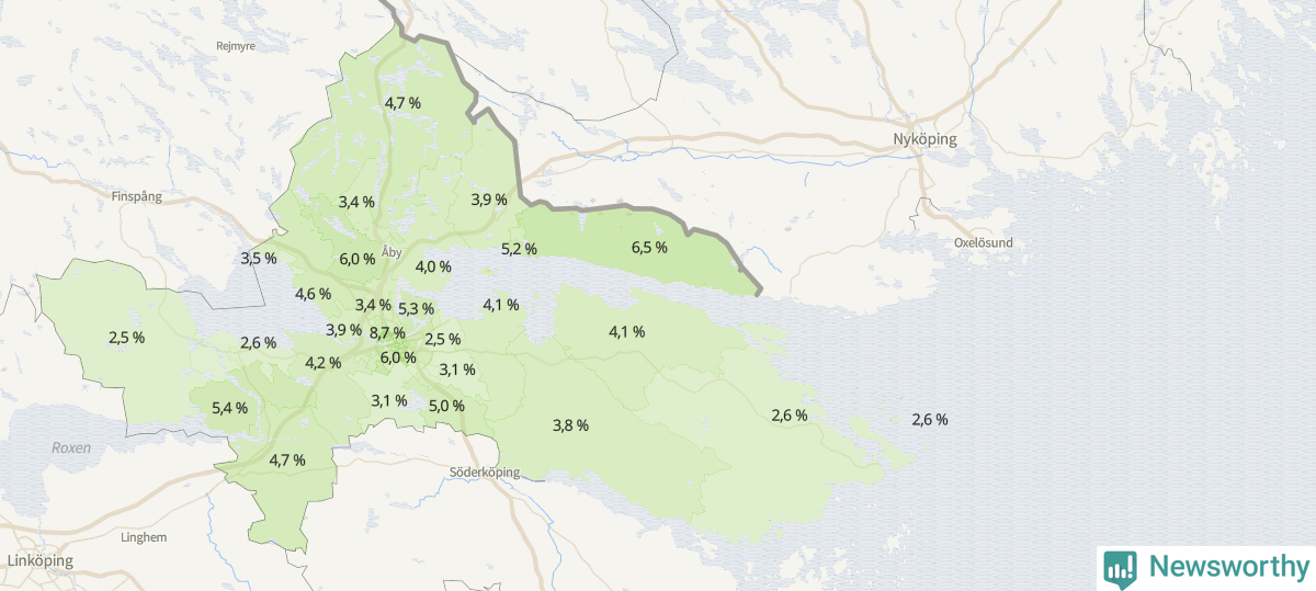Koroplet-karta över partiets stöd i kommunens valdistrikt. Se tabell.