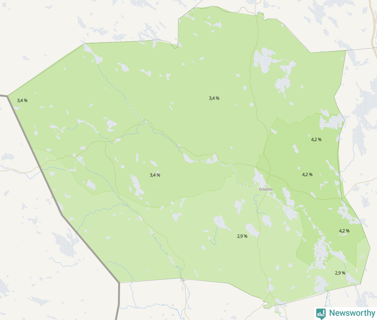 Koroplet-karta över partiets stöd i kommunens valdistrikt. Se tabell.