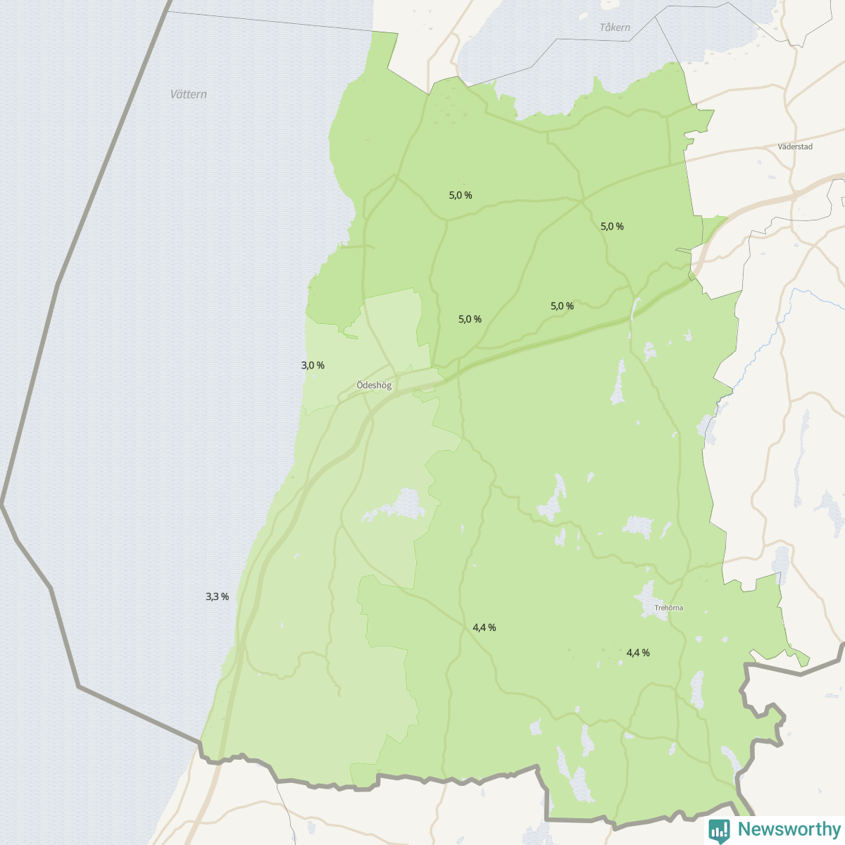 Koroplet-karta över partiets stöd i kommunens valdistrikt. Se tabell.