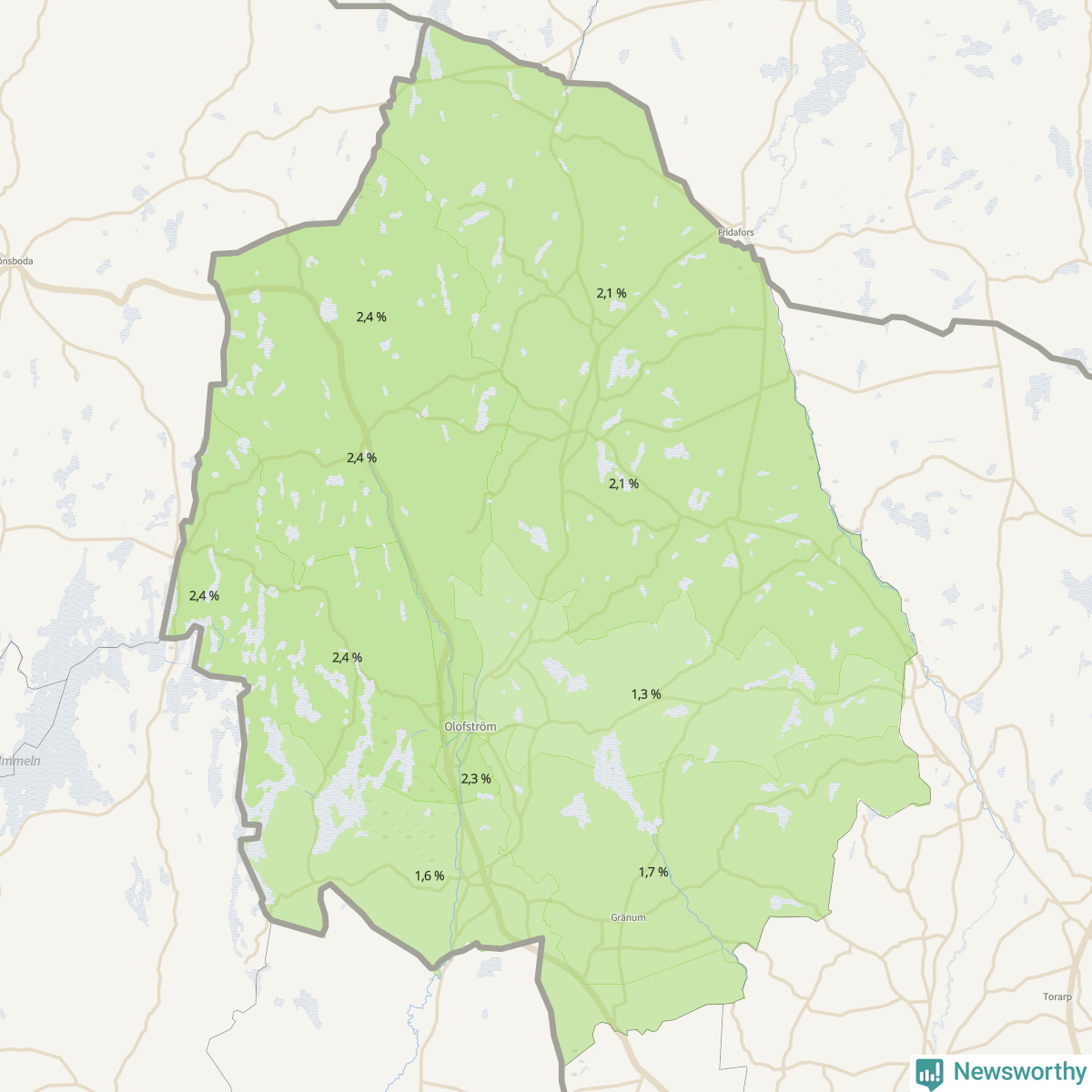 Koroplet-karta över partiets stöd i kommunens valdistrikt. Se tabell.