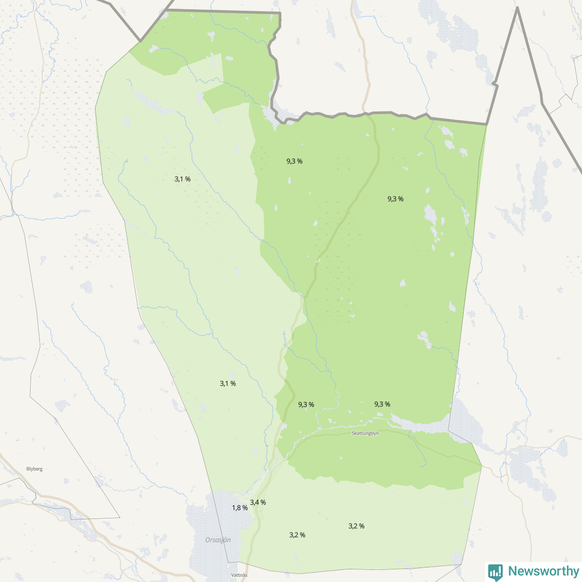 Koroplet-karta över partiets stöd i kommunens valdistrikt. Se tabell.