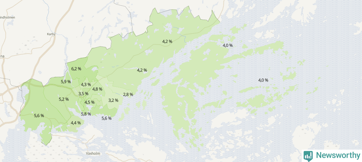 Koroplet-karta över partiets stöd i kommunens valdistrikt. Se tabell.