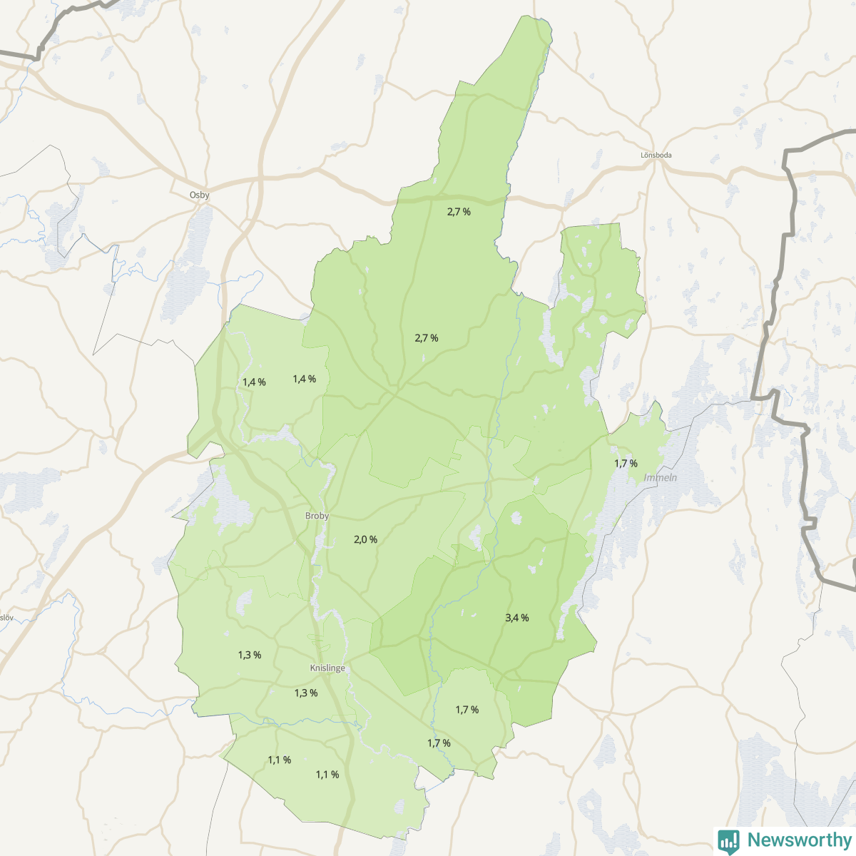 Koroplet-karta över partiets stöd i kommunens valdistrikt. Se tabell.