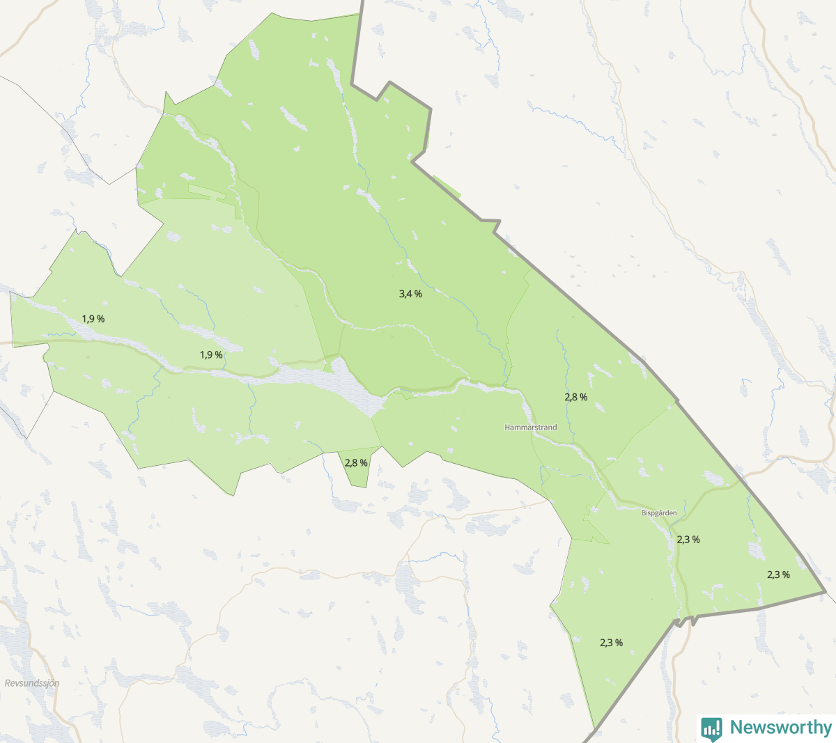Koroplet-karta över partiets stöd i kommunens valdistrikt. Se tabell.
