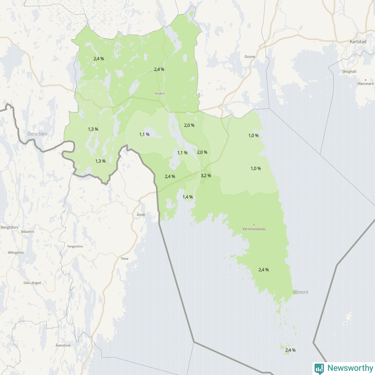 Koroplet-karta över partiets stöd i kommunens valdistrikt. Se tabell.