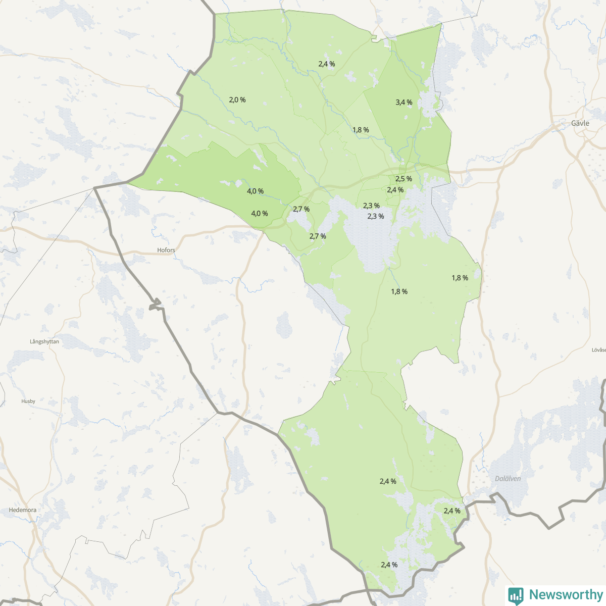 Koroplet-karta över partiets stöd i kommunens valdistrikt. Se tabell.