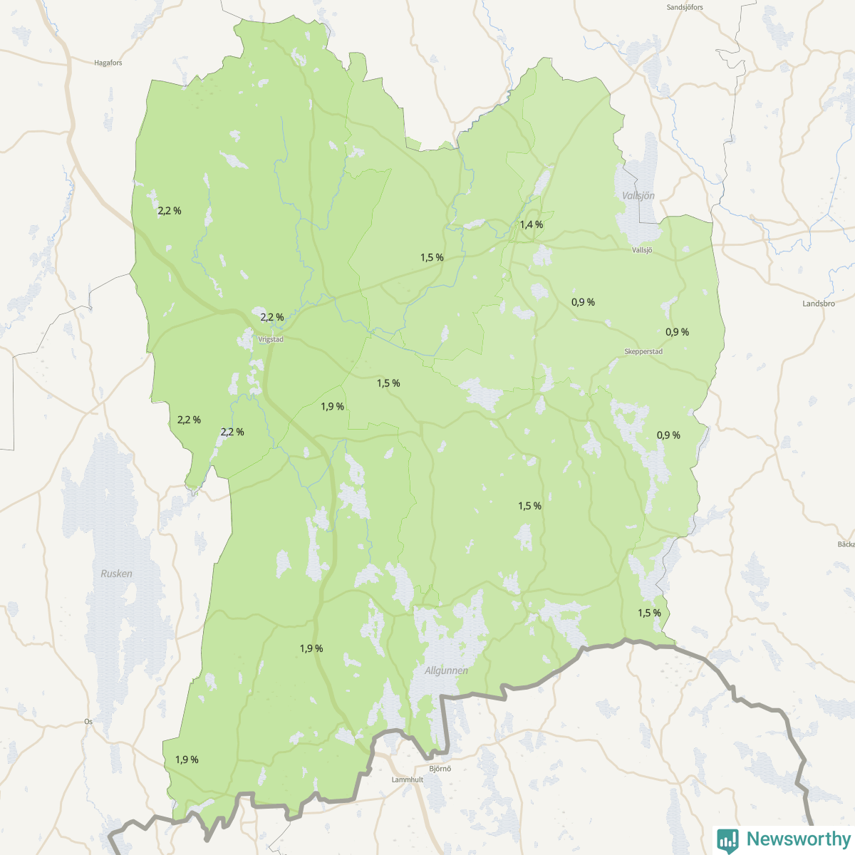 Koroplet-karta över partiets stöd i kommunens valdistrikt. Se tabell.