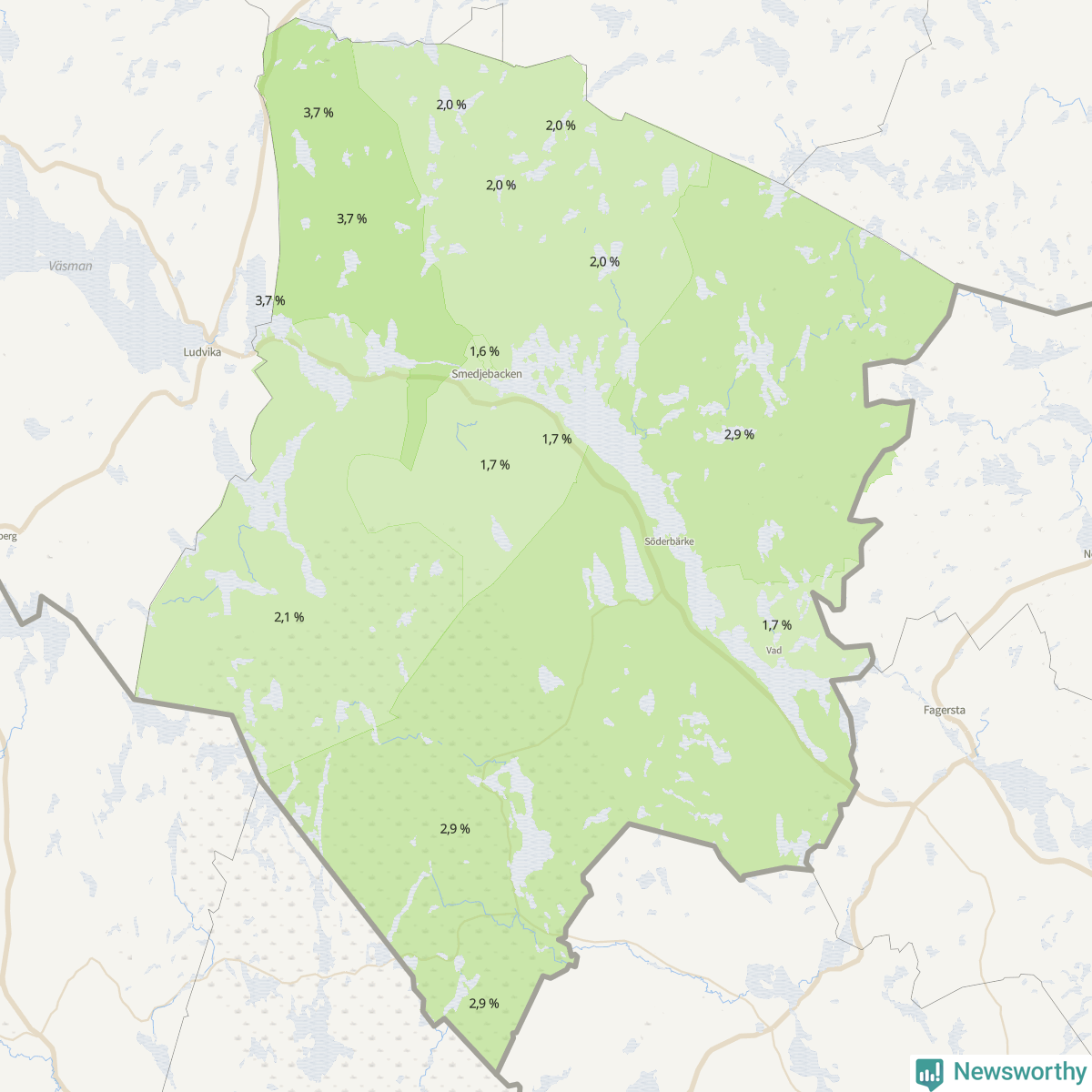 Koroplet-karta över partiets stöd i kommunens valdistrikt. Se tabell.