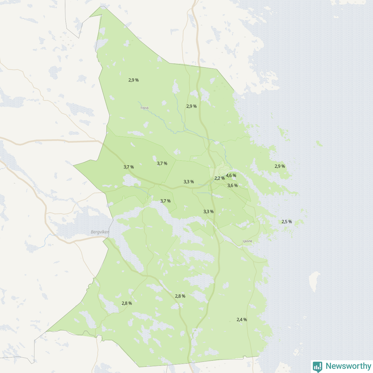 Koroplet-karta över partiets stöd i kommunens valdistrikt. Se tabell.