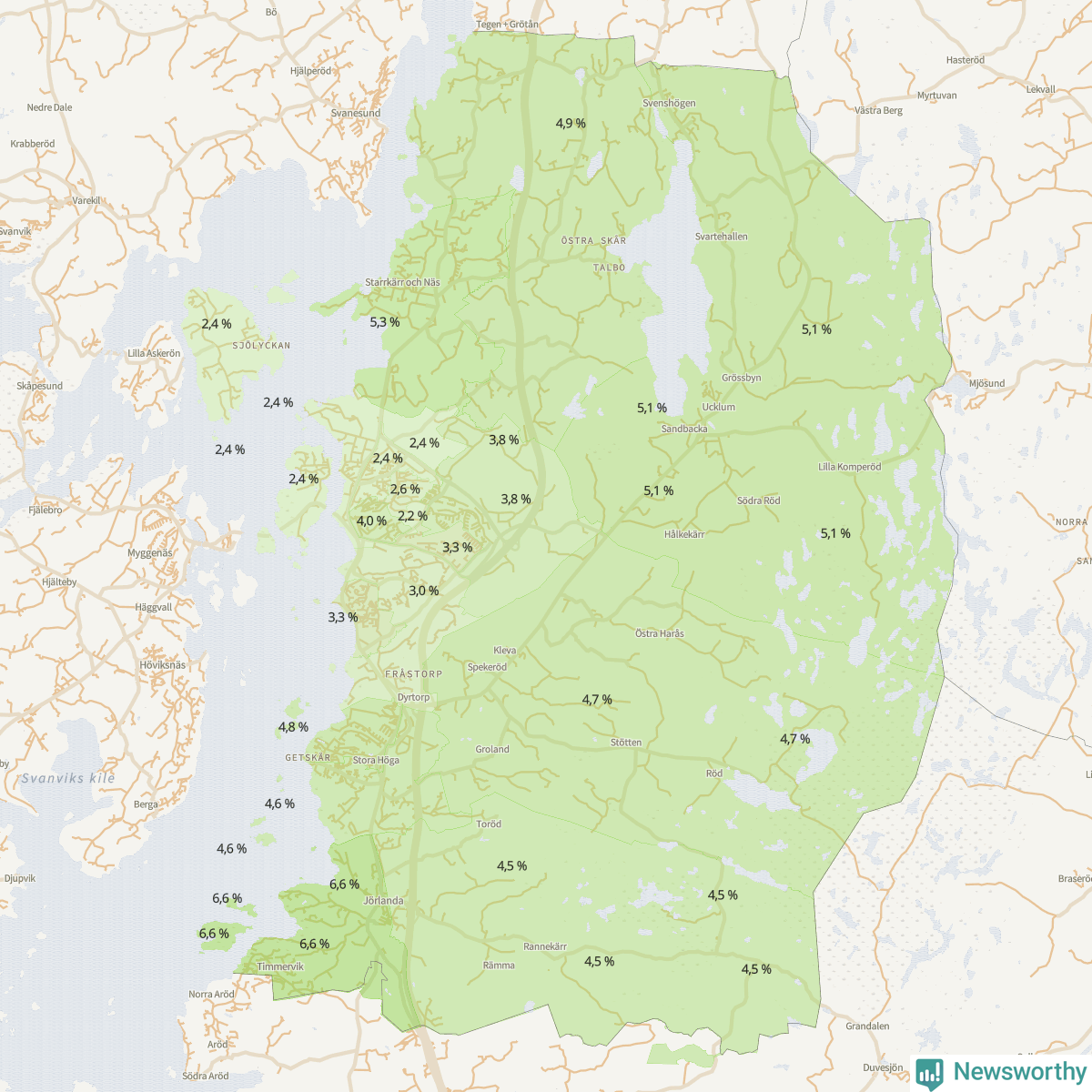 Koroplet-karta över partiets stöd i kommunens valdistrikt. Se tabell.